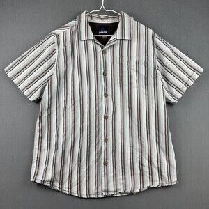 Prana Shirt Mens Large Blue Brown Striped Wooden Buttons Organic Cotton Pocket